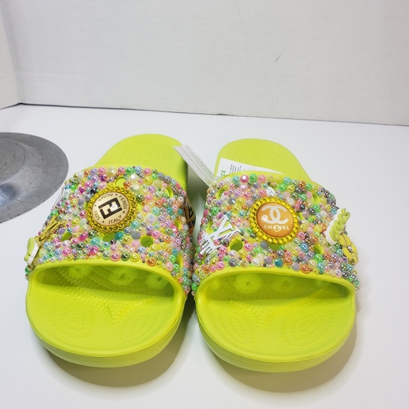 Custom Croc Slides,lime green bling size 8 - Picture 3 of 4